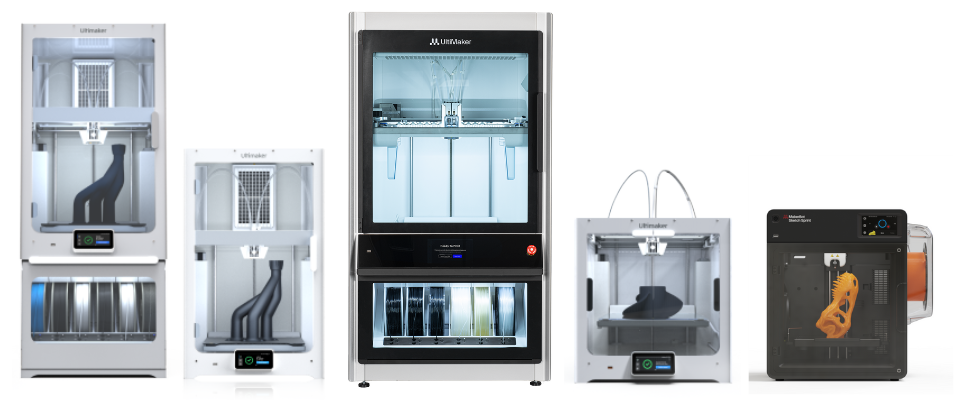 UltiMaker and MakerBot 3D printers lined up